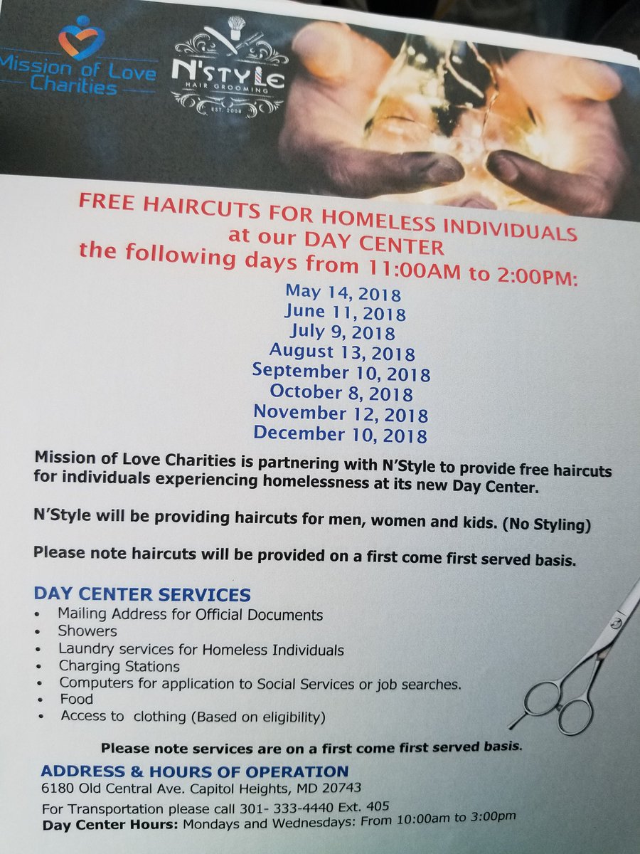 FreeinMD's tweet photo. ✂️#Free #haircuts at @MOLCInc #DayCenter in #CapitolHeights for #homeless persons on July 9, 2018 from 11am - 2pm. First come, first served. Thank you N'Style Hair Grooming! For more info (301) 333-4440. ext 405. #PGCounty #MD #SoutheastDC https://t.co/cjUlyn3ZAy