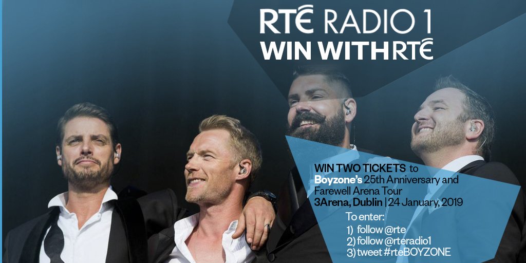 rte's tweet photo. *New Competition* Win two pre-sale tickets to Boyzone's 25th Anniversary and Farewell Arena Tour,  at the 3arena Dublin, 24 January, 2019. To enter, follow @rte &amp; @RTERadio1 and tweet #rteBOYZONE https://t.co/RAMXg724ou