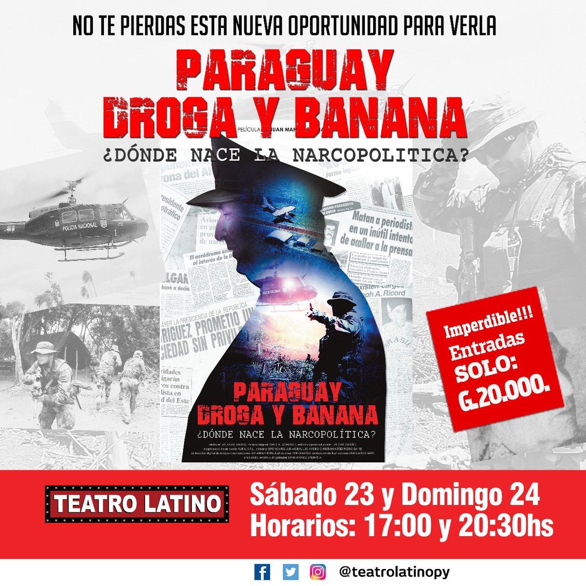 Teatrolatinopy's tweet photo. ¿Todavía no viste @pydrogaybanana? 🤔

🔜Esta es tu oportunidad de conocer cómo comenzó la narcopolítica 💵💰 en #Paraguay 😯

👀La película llega al #TeatroLatino el fin de semana en dos funciones🍿  diarias. La entrada🎟️ es de solo G. 20.000😉 https://t.co/MgkAbwbyac