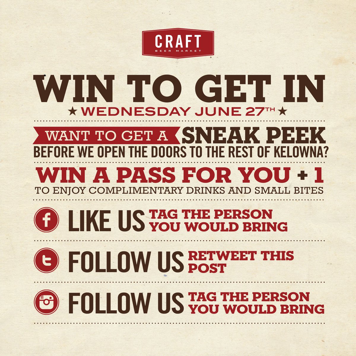 CraftKelowna's tweet photo. *CONTEST ALERT* WIN tickets for you and a friend to our opening party on June 27th! Retweet to enter. Bonus entries if you tag your friends! #CRAFTKelowna https://t.co/S4VnJVanYN