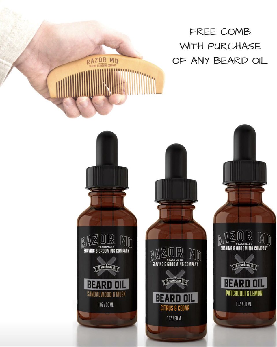 getRazorMD's tweet photo. BUY any #razormd #beardoil and get a FREE wood comb, automatically! (While combs last - only USA customers) #getRAZORMD #madeinamerica #StealsandDeals #mensgrooming #BeardGang #barber #BarberShop https://t.co/jW0kAwfRub