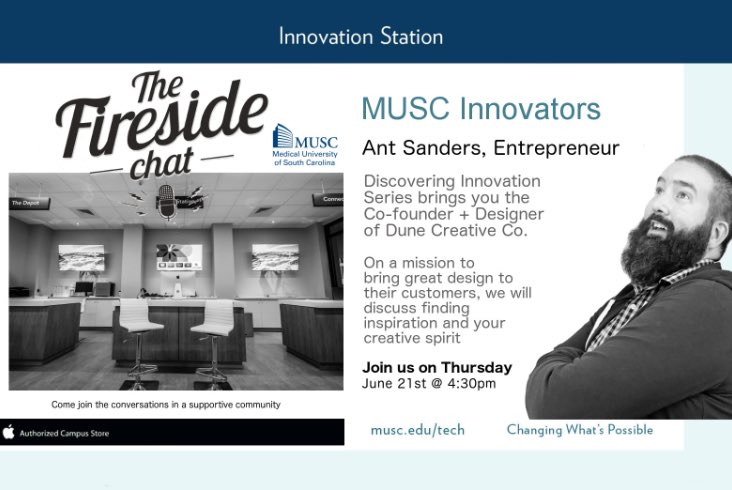 MUSC_TechStore's tweet image. Come learn more about how you can apply the creative spirit in your work. Ant Sanders, the Co-Founder &amp;amp; Designer of Dune Creative Co. joins us at 4:30 on June 21st at the Innovation Station
