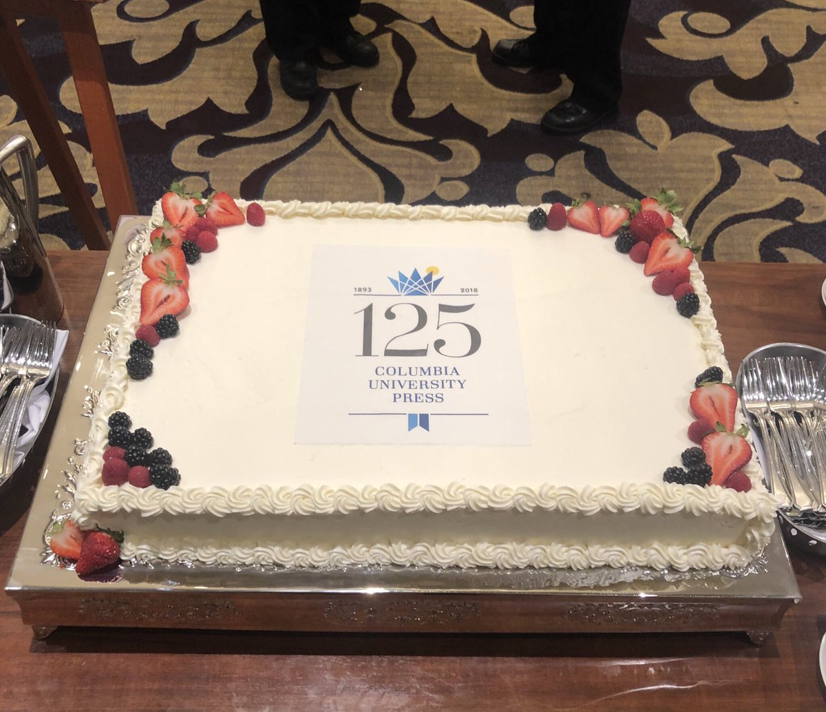 ucpress's tweet photo. HAPPY ANNIVERSARY @ColumbiaUP! Your cake was delicious! #CUP125 #AUPresses18 https://t.co/OVCLvO4anS