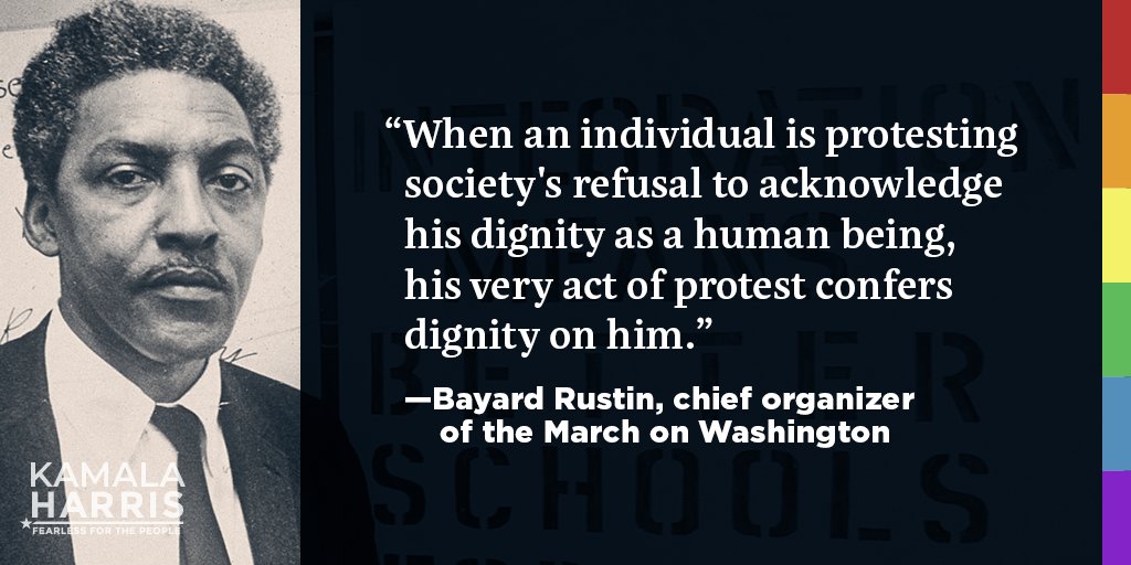 KamalaHarris's tweet image. An openly gay man, some regarded Bayard Rustin's sexuality as a liability to be associated with the high-profile March on Washington. Luckily, Dr. King expressed confidence in him, which led to one of the most well attended and well-organized marches. #Pride