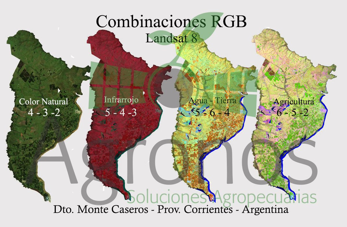 Agronos_sa's tweet photo. Combinaciones RGB de distintas bandas satelitales permiten discriminar diferentes aspectos como vegetación, los usos del suelo o masas de agua. Las más utilizadas son: Color Real, Infrarrojo, Agua-Tierra y Agricultura.

#Agronos #Landsat8 #RGB #ImágenesSatelitales #Monte Caseros https://t.co/ohDWIdcT9K
