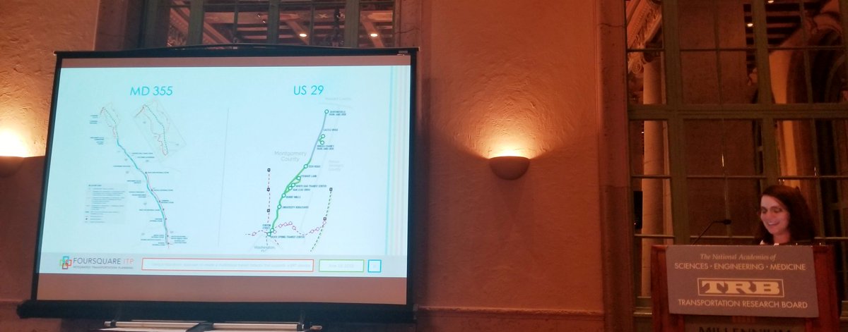 FoursquareITP's tweet photo. Sandy Davis from Foursquare ITP presenting at the 6th National #TRB Bus Rapid Transit Conference in LA on how we use a data-driven approach to create a multimodal transit network that supports #BRT corridors #MD355 #US29 @GetOnBoardBRT https://t.co/ccTssQQeYa
