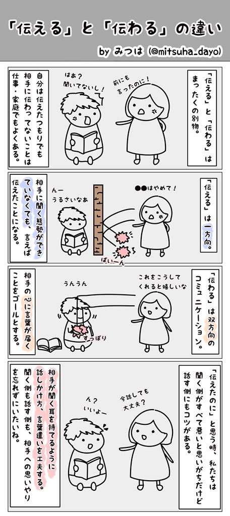 「言ったのに！」「聞いてないし！」というケンカをしたことありませんか？（私はあります）

言った側は「聞かない方が悪い」と思いがちだけど、言い方がキツかったりタイミングが悪かったり「相手が聞く耳を持っていない」状態で言ってることも… 