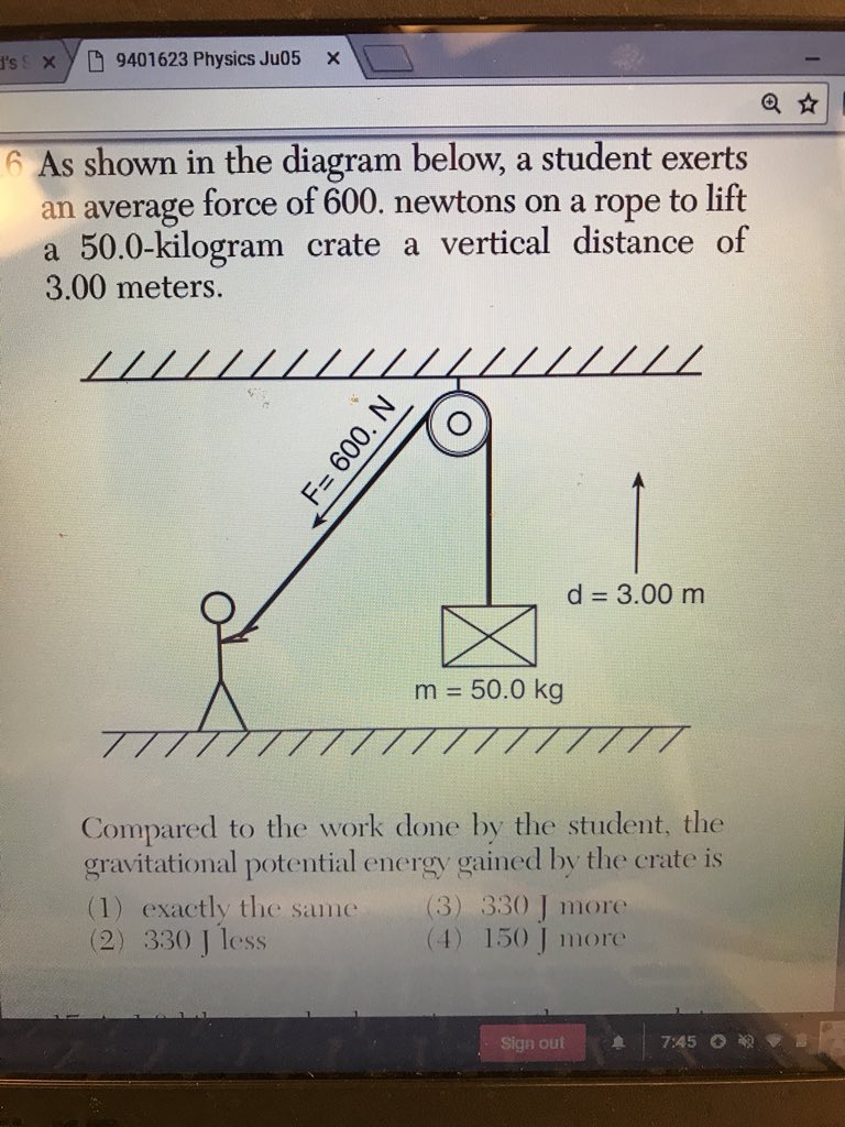 ECarpenter17's tweet photo. This is an interesting question. W=Fd so 1800J. GPE =mgh so 1470J. Therefore the GPE is 330 j less. https://t.co/9R09TlkGAT