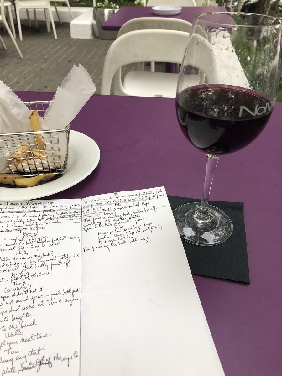 SandstormFlix's tweet photo. Sitting here on my date. Munching on fries, nursing a pino noir and scribing my screenplay, “The Barnstormers”.  A nice break from medicine.  #sandstorming https://t.co/c34sbDyqSF