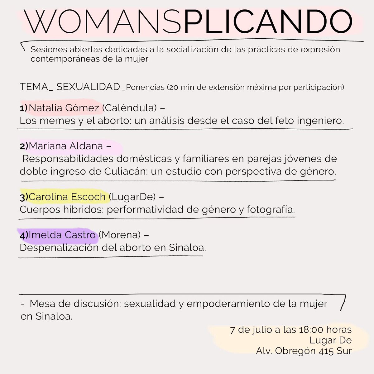 calendulafem's tweet photo. ¡Ya tenemos fechas para Womansplicando! Nos vemos el 30 de junio y 7 de julio en Lugar De para hablar de las prácticas contemporáneas de la mujer sinaloense. Este encuentro constará de 2 sesiones y estará abierto al público en general. 

Les compartimos el programa: https://t.co/HjTITxXehp