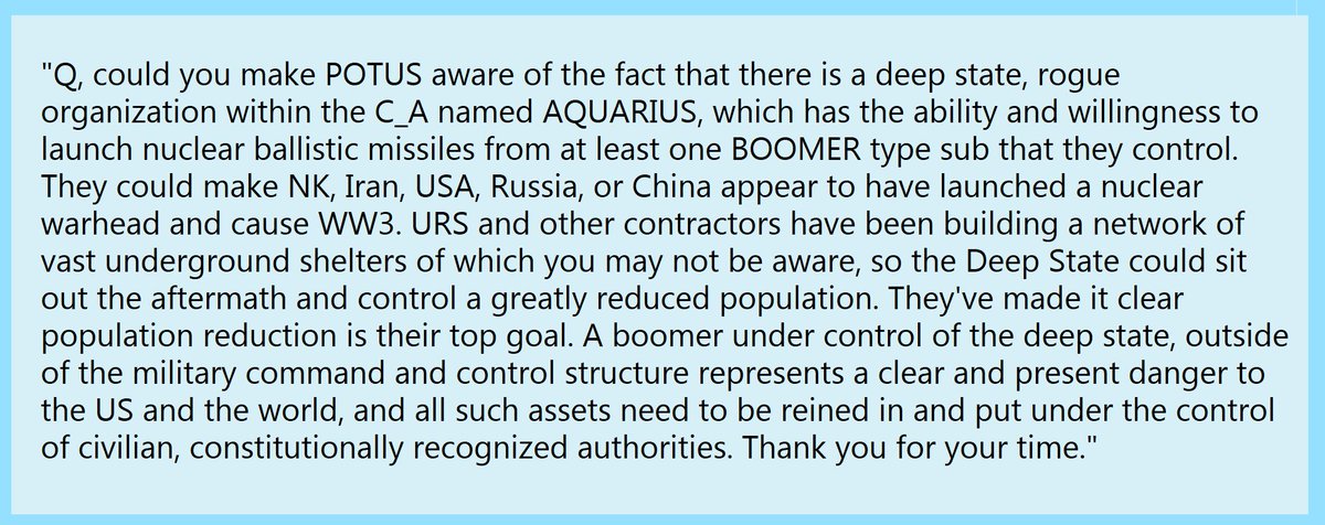 CIA has a secret team Aquarius with the ability to launch their own nuclear missiles from their own submarine. The Deep State can wage World War.