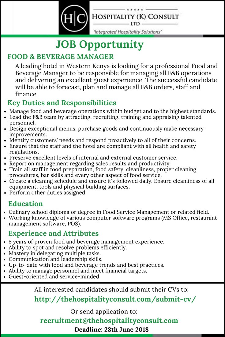 NEW JOB OPPORTUNITY: FOOD AND BEVERAGE MANAGER
To apply please submit your CV here 👇👇: thehospitalityconsult.com/submit-cv/ or send your application to: recruitment@thehospitalityconsult.com
Deadline: 28th June 2018
#jobseekerskenya #JobSeekersTuesday #ikokazi #ikokazike #JobOpportunity