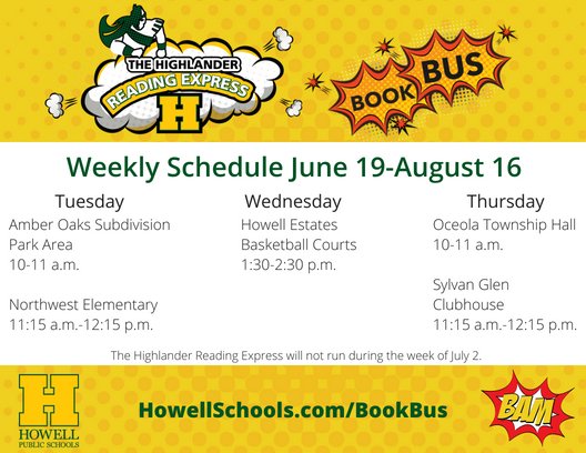 HowellMISchools's tweet photo. We are so excited to launch The Highlander Reading Express this week! Each week, this unique mobile library will visit areas around our community to promote summer reading. Visit https://t.co/fU7EP7gVB2 for more information and to see the special events we will be at this summer. https://t.co/YN7l3ARW0i