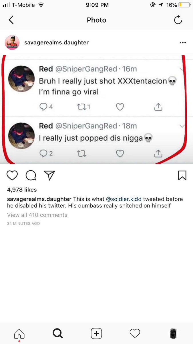 WreckYaHoe's tweet photo. XXXTentacion’s murderer, @soldier.kidd / @snipergangred real life documented his whole day leading up to the murder, placed himself at the scene of the crime with a geotag, put the evidence all over his story, and then snitched on himself in a tweet on Twitter... Smh. https://t.co/ryd4kZV75d