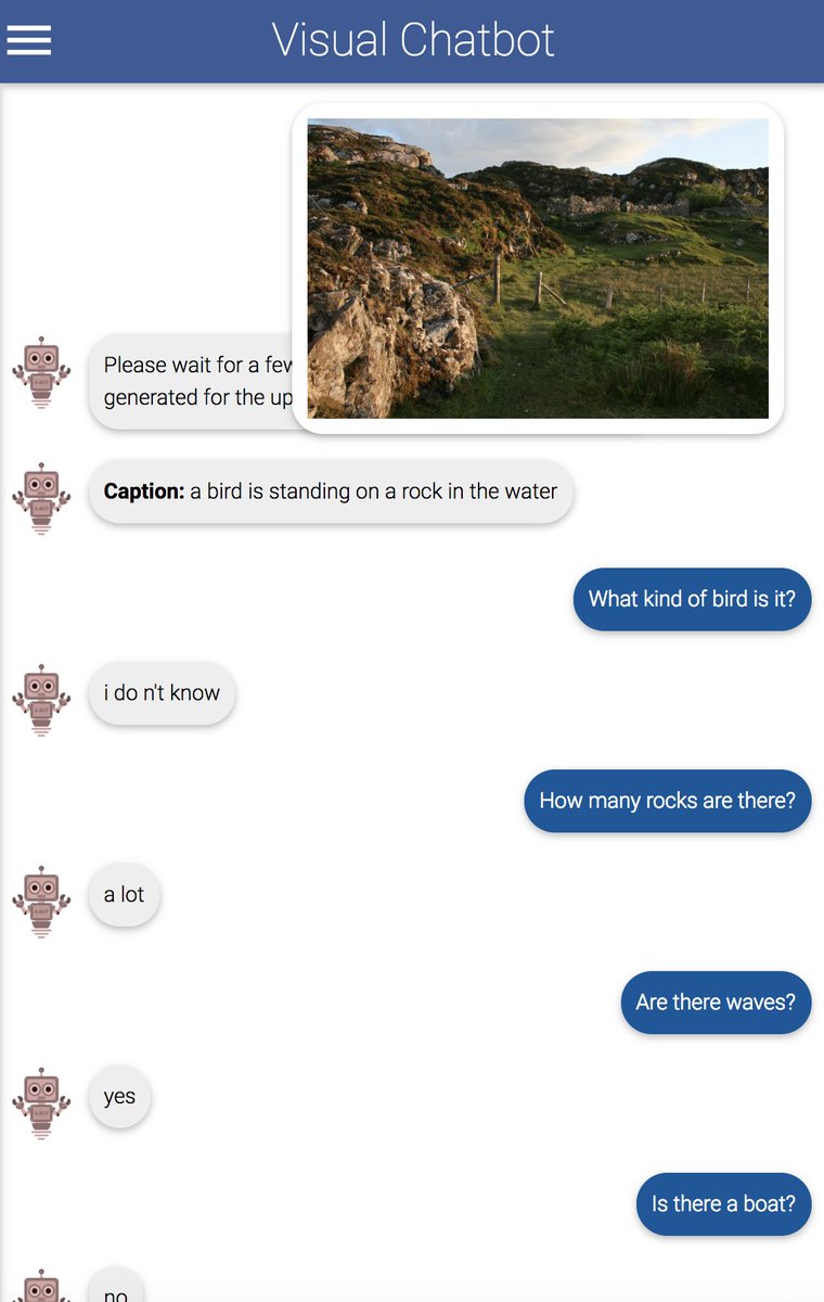 Picture is of a treeless grassy landscape with some rocks and a fence. There's a ruin, but it's hard to see.
Caption: a bird is standing on a rock in the water.
Me: What kind of bird is it?
Bot: I don't know.
Me: How many rocks are there?
Bot: A lot
Me: Are there waves?
Bot: Yes
Me: Is there a boat?
Bot: no