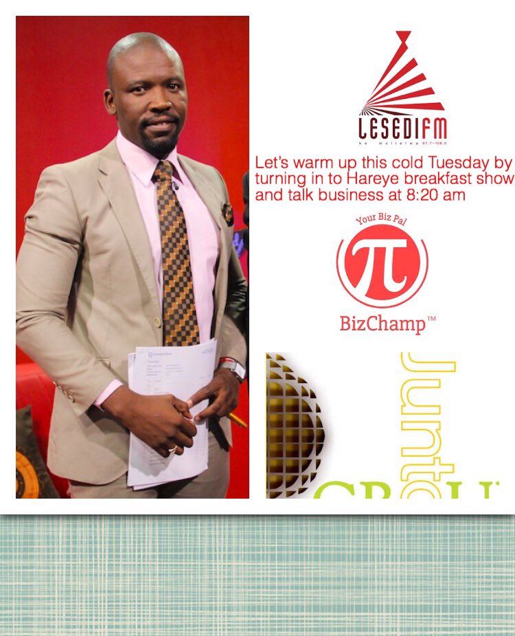 Lucasmoloi's tweet photo. Business Tuesday with #HareyeBreakfastShow 8:20am it’s #TheChamp and @Twasagirl @leokaoketi @kagisosebudi @SebiliMolefe #HomonateHoseng re bua kgwebo https://t.co/lM9hBDc5ZN