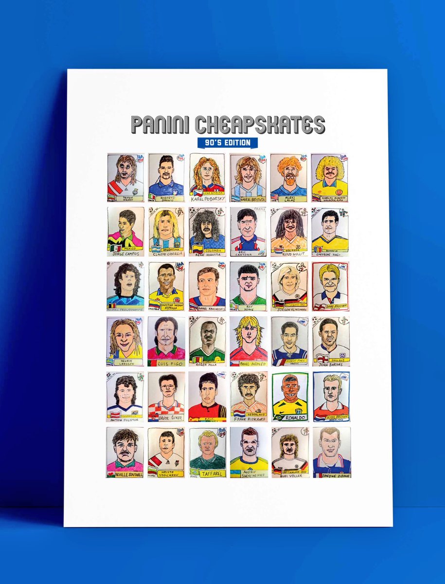 CheapPanini's tweet image. 🎉COMPETITION TIME🎉

Now that football is Officially Coming Home, we’ve put one of our Panini disasterpiece prints up for grabs. RT and follow by 6pm tonight for a chance to win your choice of badly drawn England at Italia ‘90, or badly drawn 90s icons. 
They’re *equally* wonky.