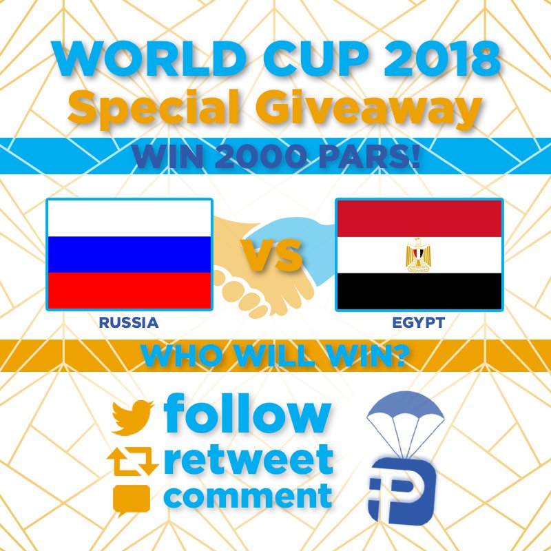parschain's tweet photo. WORLD CUP GIVEAWAY!
Question:
#Russia vs #Egypt: what will the final score be?
🏆Reward:
2000 Pars for the 1st person with the correct prediction
200 Pars for the 1st 5 who predict who wins
How to Play:
1) Follow
2) Retweet
3) Comment before game starts
#RUSEGY #Airdrop #RUS #EGY https://t.co/bd3xzDcYoM
