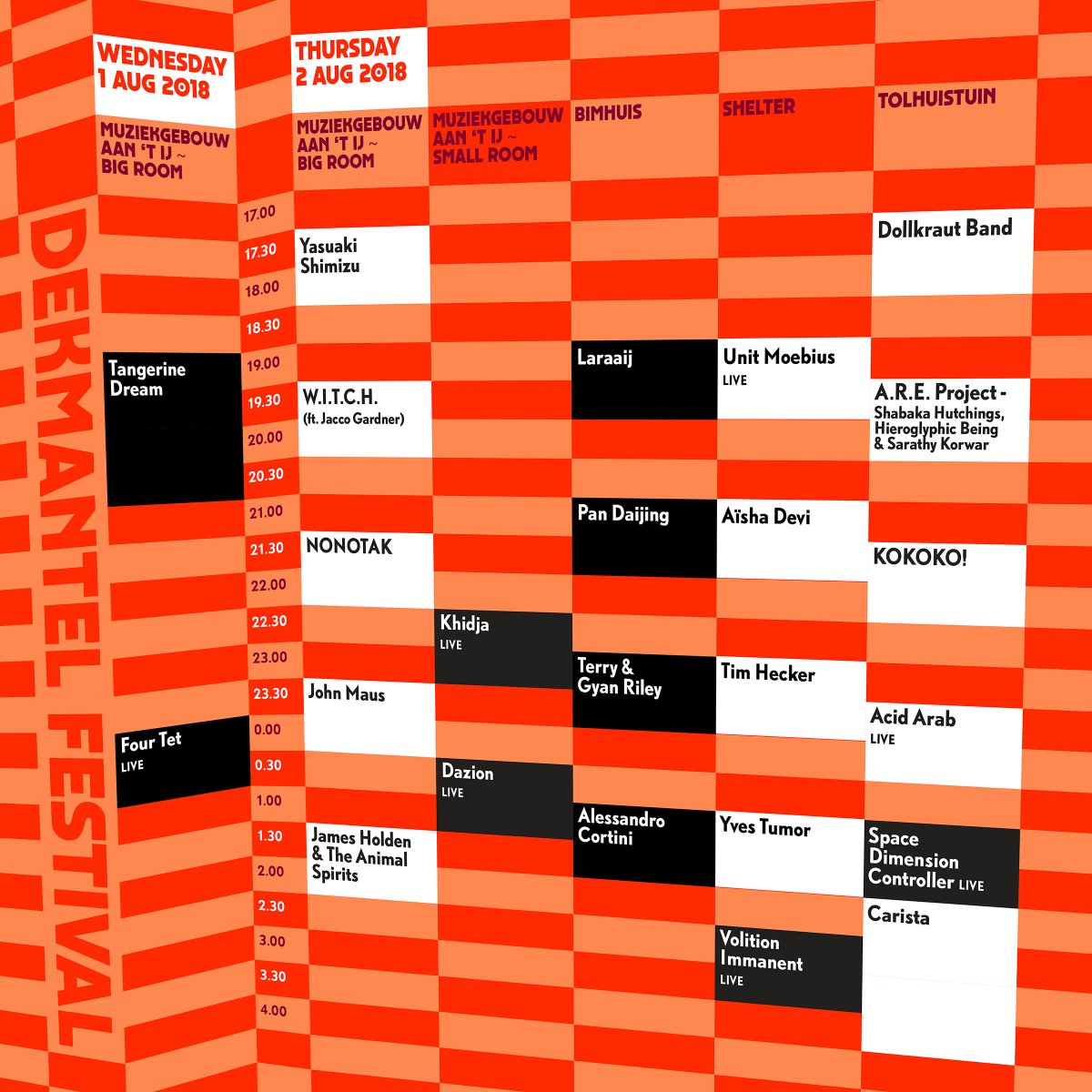 24 acts, 2 days: #Dekmantel18's Wednesday &amp; Thursday timetable is here, including the newly added NONOTAK, W.I.T.C.H. ft. Jacco Gardner, KOKOKO!, Dollkraut Band, Acid Arab and Aisha Devi, who replaces Raime.

More information can be found on: dekmantelfestival.com/news