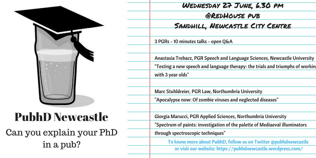 PubhDNewcastle's tweet photo. We are thrilled for the next #PubhD Newcastle #speakers @TheRedhouseNCL: @anastasiagst from @UniofNewcastle, Giorgia Marucci and Marc Stuhldreier from @NorthumbriaUni: #languagetherapy, Mediaeval illustrators and #zombieviruses on the books, join us! #phdlife #TakeOnTomorrow https://t.co/uJDyqI1Npg