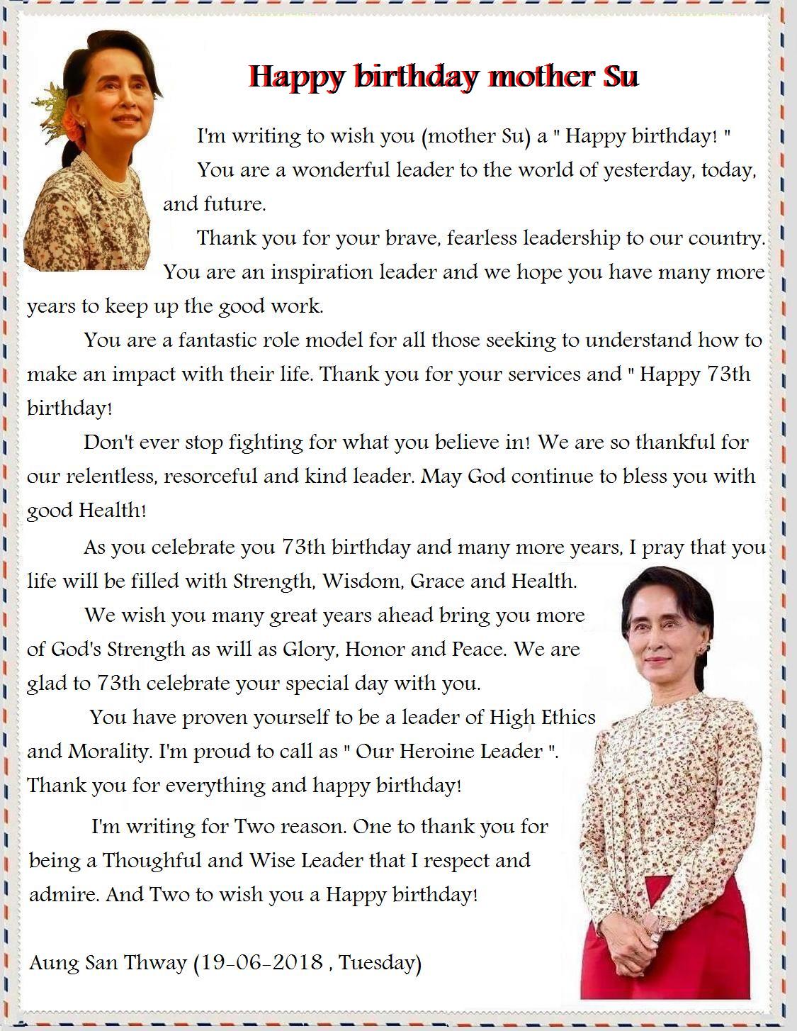 Happy birthday Daw Aung San Suu Kyi
 