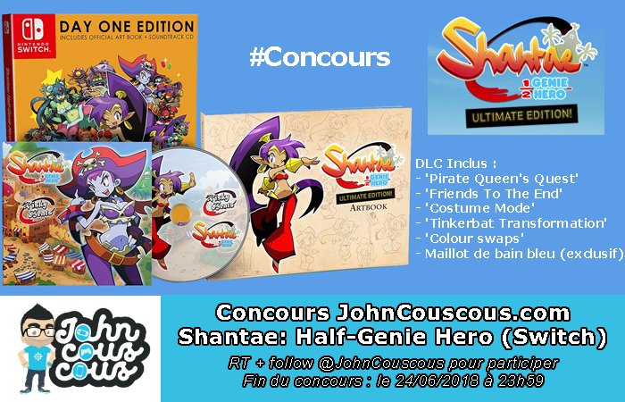 🔥Nouveau #concours Shantae : Half-Genie Hero🔥
Gagne un exemplaire du jeu #ShantaeHalfGenieHero (Ultimate Edition Day One) sur Switch !

▶️Follow + RT <a href="/JohnCouscous/">John Couscous 💚</a> avant le 25/06⏱️
▶️Lot offert par <a href="/PQubeGames/">PQube</a>