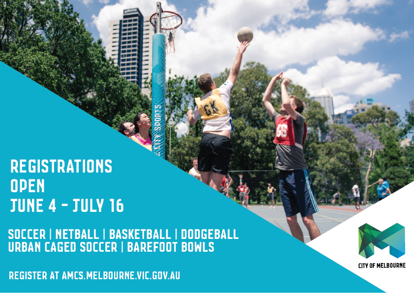 activemelbourne's tweet photo. Spring season registrations are now available for Soccer, Basketball, Netball, Barefoot Bowls & Dodgeball competitions. Rally your colleagues and register for Spring season today at https://t.co/f40UQjLFF8 @melbcitysports #activemelbourne #stayactivethiswinter #activeworker https://t.co/RlTcPzIDHU