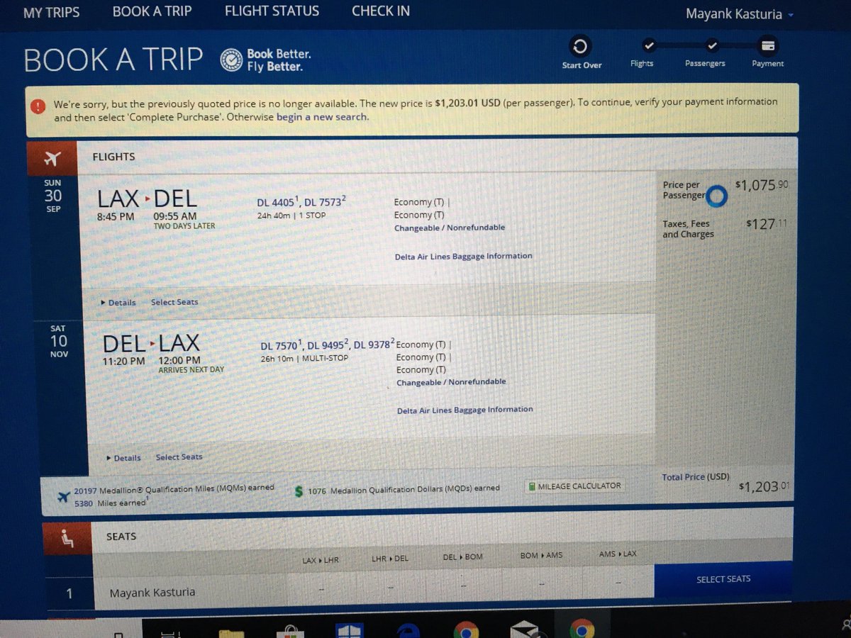 iamMkasturia's tweet photo. @Delta Terrible!! You guys are using tricks to attract customers. Recent experience @Delta when I tried booking a flight from LAX to DEL website showed 689.51$, but once I finalize &amp; clicked on COMPLETE PURCHASE, another page came up saying "the previous price is not available" https://t.co/Ga3cQWzGmB