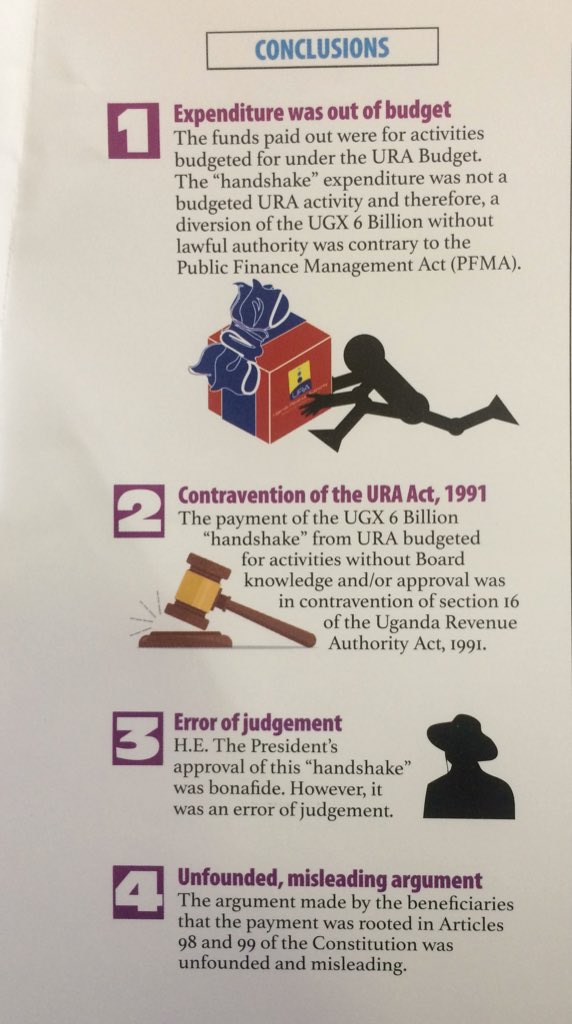 graUganda's tweet photo. Expenditure was out of budget
It was a contravention of the @URAuganda Act, 1991
It was an error of judgement on H.E @KagutaMuseveni ‘s part to approve the handshake and the argument given was unfounded and misleading #6bnHandshake #OilMoneyUG https://t.co/irV9HzuyAb