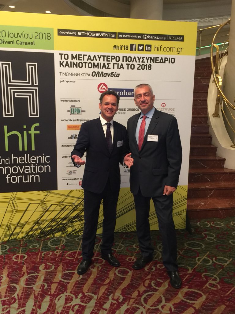 NLinGreece's tweet photo. Today and tomorrow the Hellenic Innovation Forum takes place in #Athens with NL as honorary country. Amb Veldkamp delivers keynote speech this morning #HIF18 #innovation #OrangeGrove https://t.co/cGVxyYeZKo