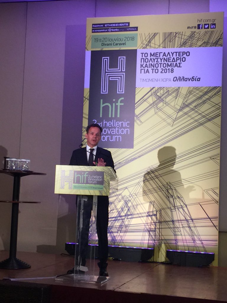 NLinGreece's tweet photo. Today and tomorrow the Hellenic Innovation Forum takes place in #Athens with NL as honorary country. Amb Veldkamp delivers keynote speech this morning #HIF18 #innovation #OrangeGrove https://t.co/cGVxyYeZKo