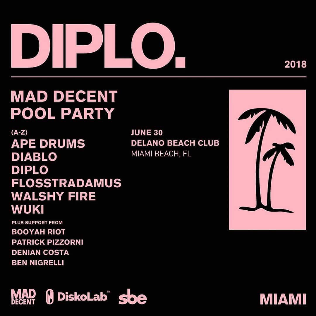Vixenj0601's tweet image. The Mad Decent Pool Party lineup is here! Featuring Diplo, Flosstradamus, Walshy Fire of Major Lazer, Ape Drums, Diablo, Wuki + many more 💥 Saturday June 30th at Delano Beach Club 🏝️ Limited tickets remain 👉 (LINK IN BIO)

#MadDecent #Elementsofnight #DiskoLab #MiamiEvents