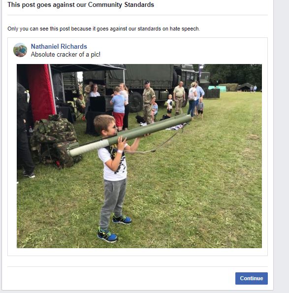 So we've been blocked for 24 hours on #Facebook because I uploaded a picture of my children enjoying their time at a Military recreation event and this has been dubbed as #hatespeech This is the picture make your own judgements