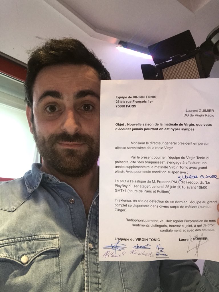 CamilleCombal's tweet photo. Le contrat est signé... 😂
Si @laurentguimier &amp; @FreddoPau sautent à l’élastique on se lève une année de plus avec vous dans @VirginTonicOff ... 🕺🎙
Quel kif!!! ❤️ https://t.co/hygIdaGEQ7
