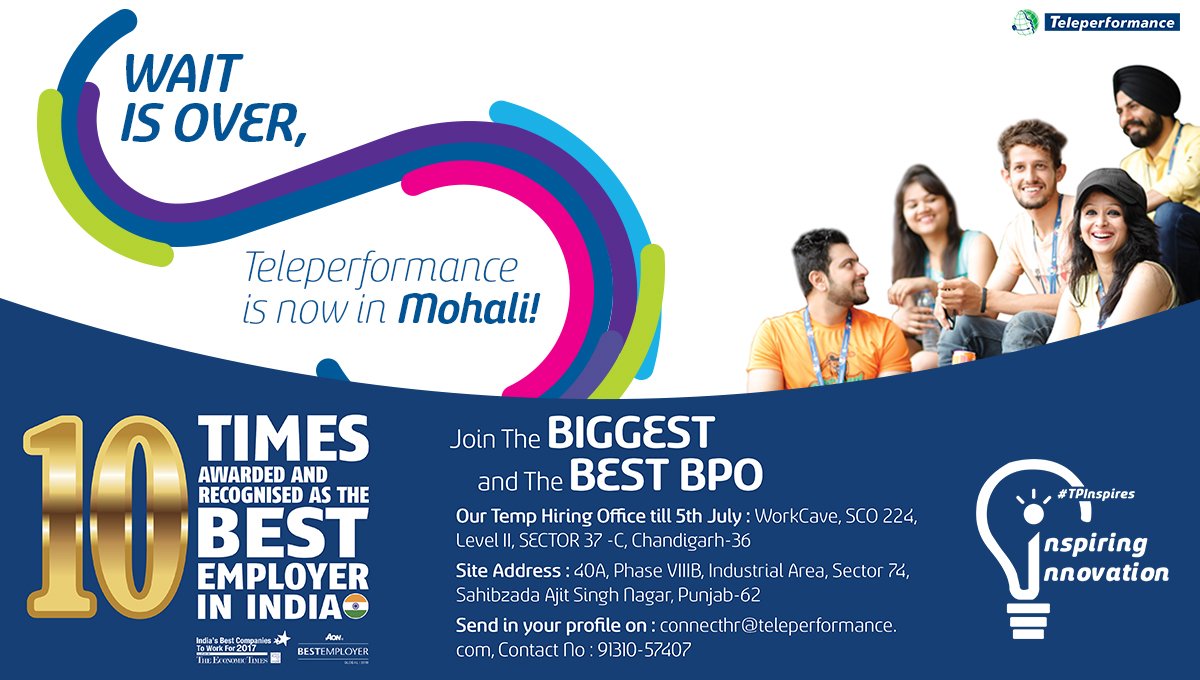 WeAreTPinIndia's tweet photo. Wait is over, #Teleperformance is now in #Mohali
We are hiring, apply now!
Send your profile on: connecthr@teleperformance.com
#1BPO #TPCareers #TPJobs #LifeAtTP https://t.co/9vriK6Uj2Y