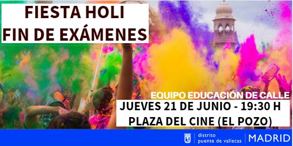 JMDpvallecas's tweet photo. 🎉Fiesta de colores Holi - Fin de exámenes🎊, el jueves 21 de junio a las 19:30 horas en la Plaza del Cine, dentro de la programación de las Fiestas Madrid Sur. ¡No te la pierdas!👇 https://t.co/aDPS6vsHpl