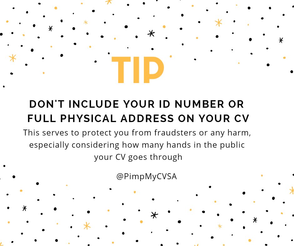 PimpMyCV_SA's tweet photo. We get a lot of requests from our clients to ignore this safety tip. We do what the client wants. However, here's a tip and reasons behind that tip to consider when compiling your CV. This is subject to unless the recruiter/employer states otherwise.

#PimpMyCV https://t.co/VcAzGgxmnW