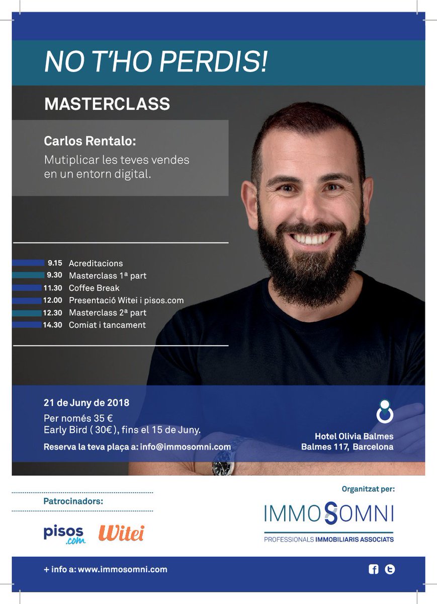 !Solo quedan 2 días y muy pocas entradas para la masterclass de <a href="/Immosomni_/">Immosomni</a> con <a href="/Carlosrentalo/">Carlos Rentalo</a>! No te quedes sin entrada!
eventbrite.es/e/entradas-mul……
#MarketingDigital #inmobiliaria #RRSS
