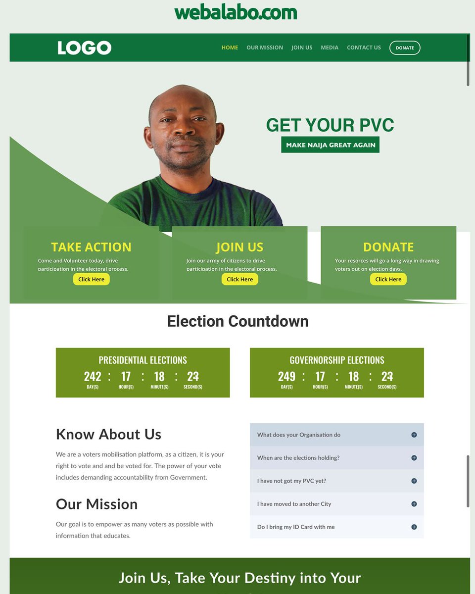 WebAlabo's tweet image. Election Mobilization Website Template suitable for Political Groups &amp;amp; Parties to educate members of the public. The website accepts payment via @Paystack  - buff.ly/2t5Tjlo
#Elections2019 #Politics #Nigeria2019 #PDP #APC #Nigeria #Webdesign #NGO #PoliticalParty #PVC
