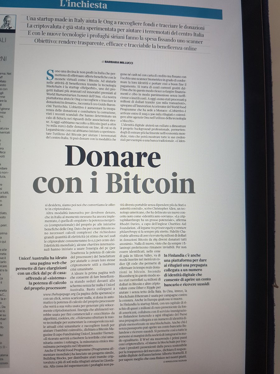 BarbaraMillucci's tweet photo. #19giugno su @CorriereBN la mia #inchiesta su come #donare con #bitcoin #blockchain #aid #donazioni #calamita #aiuti #humanitarian #criptomonete  @Legambiente @WWFitalia @WWF @unicef @UNICEF_Italia @wfp @Helperbit @CorInnovazione @EliSoglio @L_Economia https://t.co/EiYu7Uktgm