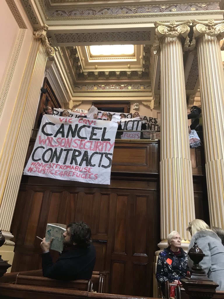 gayedemanuele's tweet photo. When the govt ignores the people, the people take the message to parliament. @DanielAndrewsMP @RobinScottMP why does Vic govt hold multiple contracts w/ @WilsonSecurity when it clearly fails govt’s own Ethical Procurement framework? #springst #cancelthecontracts #boycottWilson https://t.co/vIFU1fRSti