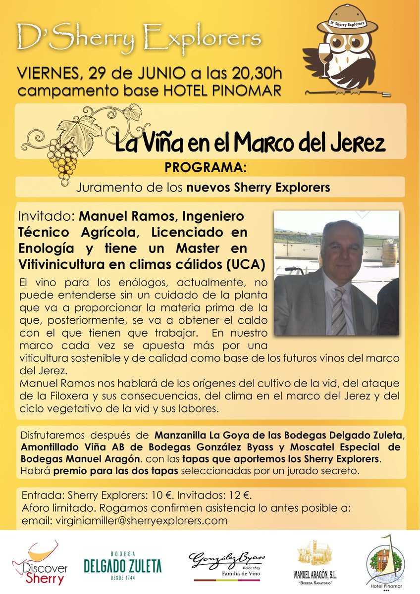 HotelPinomar's tweet photo. Hoy os traemos una sorpresa, este mes de junio, los #SherryExplorers realizarán una actividad más el próximo viernes 29 de junio a las 20.30h.
Tendremos un invitado muy interesante, el enólogo Manuel Ramos que nos dará una Master Class sobre la #Viña en el Marco del #Jerez. https://t.co/HBI6lW1Rz9