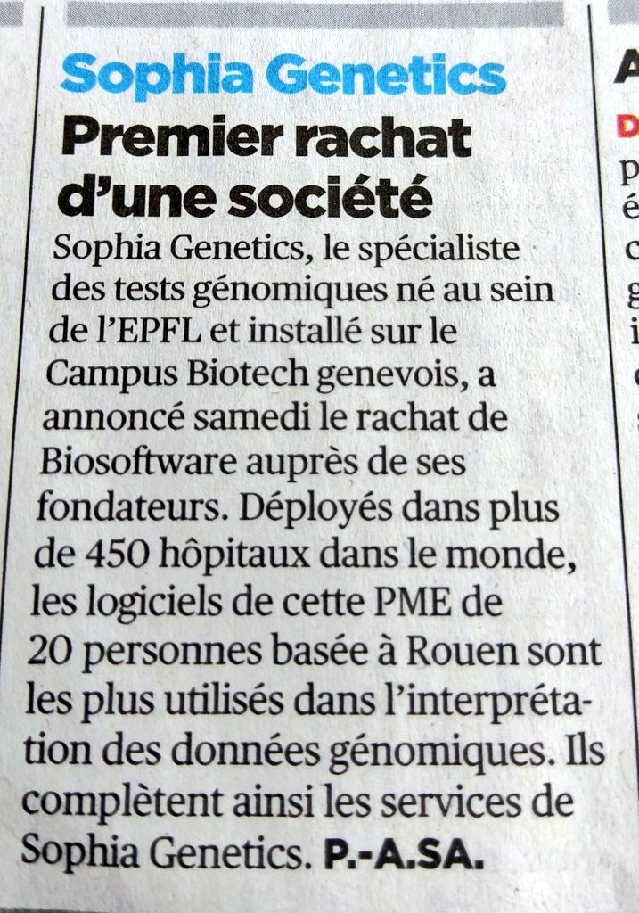 LavanchyFly's tweet image. YES... @SOPHiAGENETICS buy #biosoftware present in more than 450 #hospitals for genomic data interpretation #Healthcare #DigitalHealth #eHealth source @24heuresch