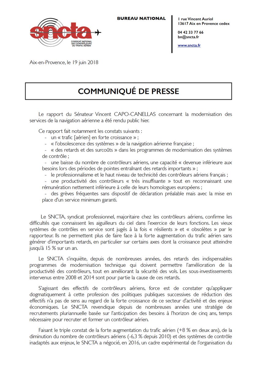 SNCTA's tweet photo. Communiqué de presse du @SNCTA suite au rapport du Sénateur  @Capo_Canellas concernant la modernisation des services de la navigation aérienne, rendu public hier. https://t.co/8RlMlTMnKd