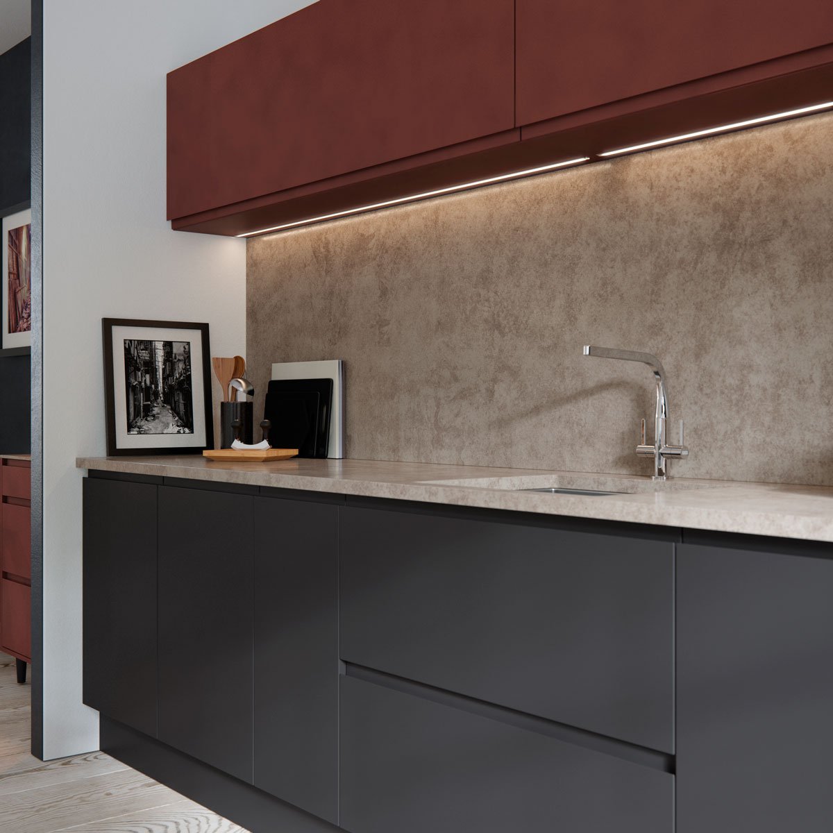 ACONBURY | A combination of bold finishes, such as bespoke Graphite & Foundry Tarnished Copper create a stylish on-trend look #bespokekitchen #greykitchen #copperkitchen #mattkitchen #paintedkitchen