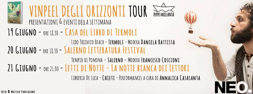 neoedizioni's tweet photo. Ecco gli appuntamenti di Peppe Millanta, e del suo "Vinpeel degli orizzonti", in questa settimana, sempre a bordo della sua mongolfiera!
Si comincia oggi a #Termoli. https://t.co/x9dNJeq3xX