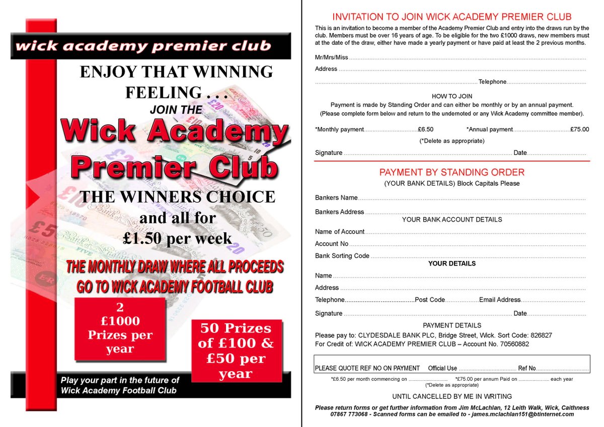 WickAcademyFC's tweet photo. Wick Academy Premier Club  
Week 38 winners  
£100 - D Sutherland - Wick
£50 - L Bunch - Wick https://t.co/iDDVAFH1cL