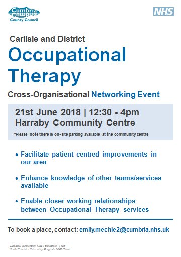 Occupational Therapy, Network Learning Event - Thursday 21st June. Are you an OT or OT assistant in the NHS or Cumbria County Council? To book a place contact emily.mechie2@cumbria.nhs.uk #OTintegration #Improvingpatientjourney #AHPintoaction