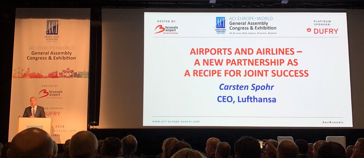 UnitingTravel's tweet photo. @lufthansa CEO Carsten Sporh talks about the importance of strong #partnerships 🤝 between #airports and #airlines as both form part of the #aviation family ✈️ #aciBrussels #WAGA2018 https://t.co/ZqpZCAz0lO