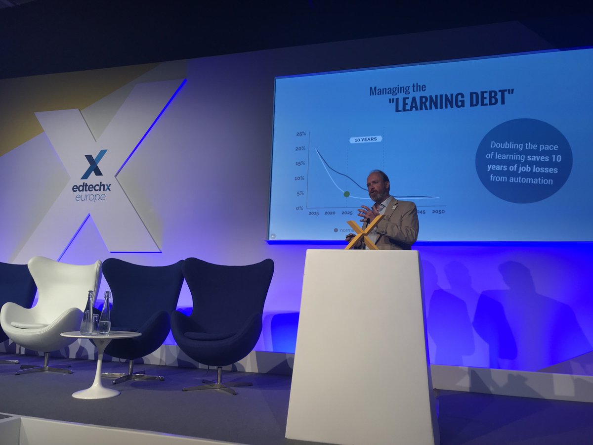 EdTechEurope's tweet photo. 'Doubling the pace of learning saves 10 years of job losses from automation - very tangible benefit of addressing this global learning debt' says @mcintyre_1 at #edtechx18 https://t.co/GaJ9NkUvkK